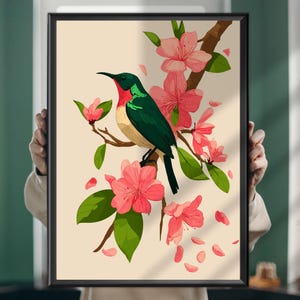 Cuadro de pájaro sol: arte mural de aves exóticas, póster colorido de aves tropicales, impresión iridiscente de aves, vibrante obra de arte natural para el hogar o la habitación de un bebé.