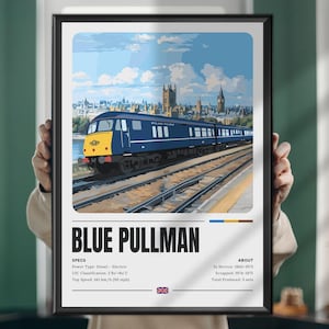 Puede incluir: Un póster enmarcado con un tren Blue Pullman azul y amarillo contra un paisaje urbano bajo un cielo azul. El póster incluye el texto "BLUE PULLMAN" y especificaciones, incluida una velocidad máxima de 145 km/h.