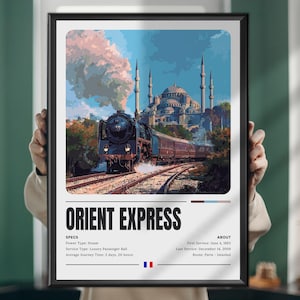 Può includere: Stampa artistica incorniciata raffigurante l'Orient Express davanti a una moschea. L'immagine, in stile poster di viaggio vintage, include il testo "ORIENT EXPRESS" e informazioni sul servizio e sul percorso del treno.