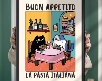 Funny Italian Cat Poster: Buon Appetito Pasta Kitchen Art