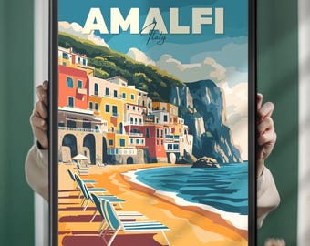 Amalfi Coast Travel Poster – Italian Riviera Wall Art, Positano Print, Coastal Home Decor