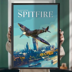 Spitfire Over London – WWII RAF Aircraft Painting, Battle of Britain Aviation Art on Canvas or Poster