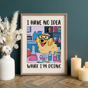 Rolig vetenskaplig kontorstryck, Golden Retriever-labbposter, forskarepresent, kemiväggdekoration