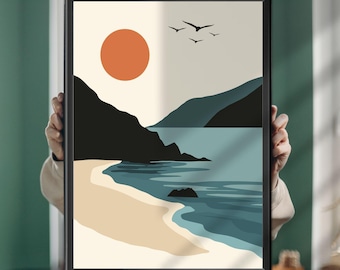 Puede incluir: Una lámina de arte mural enmarcada que muestra un paisaje costero estilizado con una playa de arena beige, agua azul oscuro y siluetas de montañas negras. Un gran sol naranja se sitúa en un cielo crema sobre tres pequeños pájaros negros.