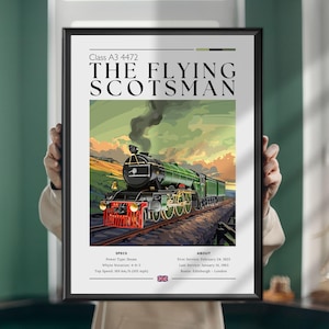 Póster de Flying Scotsman: arte mural de tren vintage, impresión de locomotora de vapor, decoración de viajes en tren, regalo de locomotora británica clásica