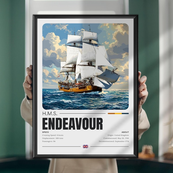 HMS Endeavour Poster, Print, Wall Art, Maritime Art, Famous Ships