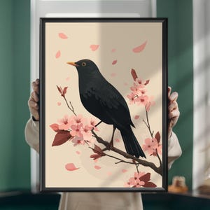 Cuadro de mirlo: impresión artística realista de pájaro cantor para pared. Póster de pájaro, decoración natural para sala de estar, habitación infantil u oficina.