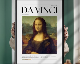 May include: A framed art print featuring the Mona Lisa by Leonardo da Vinci. The white poster includes the text DA VINCI, Mona Lisa, c. 1503-06, Artist: Leonardo da Vinci, Medium: Oil on Poplar Panel, and Location: Louvre Museum, Paris, France.