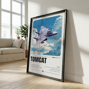 May include: A framed poster featuring an F-14 Tomcat fighter jet flying through blue skies with white clouds. The text reads F-14 TOMCAT, along with technical specifications including engine, power, and speed in km/h, plus historical data.