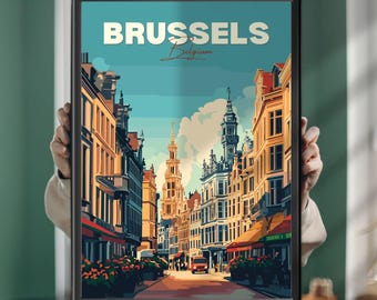 Reseposter med Bryssel – Belgiens huvudstad, väggkonst med Atomium och Grand-Place