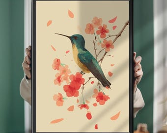 Giclée-print van een kolibrie: kleurrijke botanische wanddecoratie met vogelmotief