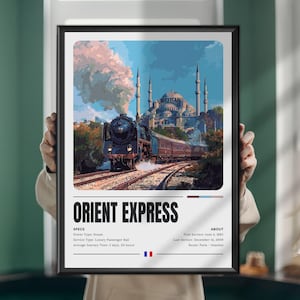 May include: A framed poster featuring a steam train traveling toward a large mosque with minarets. The text reads ORIENT EXPRESS, with specs including Power Type: Steam, Service Type: Luxury Passenger Rail, and Average Journey Time: 2 days, 20 hours.