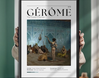 Può includere: Una stampa d'arte incorniciata raffigurante il dipinto Il incantatore di serpenti del 1879 di Jean-Léon Gérôme. Il poster mostra il titolo, il nome dell'artista, la posizione e il supporto in testo nero su uno sfondo bianco.