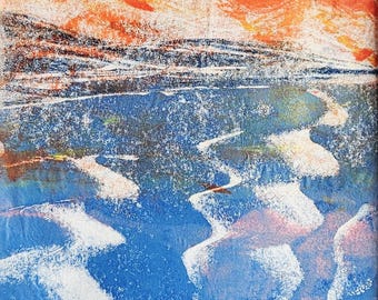 Marmeren zee monotype print - landschap zeegezicht schilderij (30 cm x 30 cm)