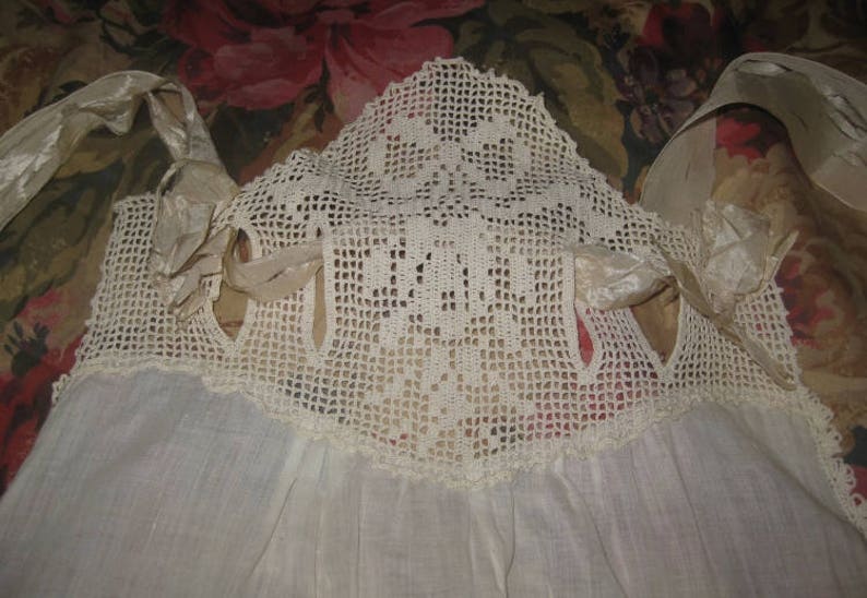 Lovely Antique Hostess Apron With Crochet Pocket and Top Silk Ribbon
