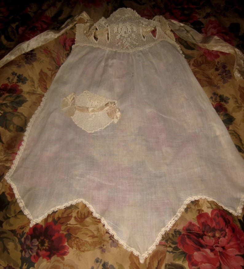 Lovely Antique Hostess Apron With Crochet Pocket and Top Silk Ribbon