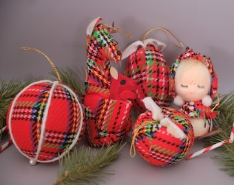 Vintage 1960s Red Tartan Plaid Christmas Ornaments. Made in Japan