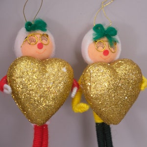 Vintage Chenille Pipe Cleaner Christmas Ornaments Glitter Heart Japan 7 image 1