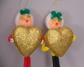 Vintage  Chenille Pipe Cleaner Christmas Ornaments Glitter Heart Japan 7"