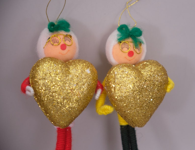 Vintage Chenille Pipe Cleaner Christmas Ornaments Glitter Heart Japan 7 image 1