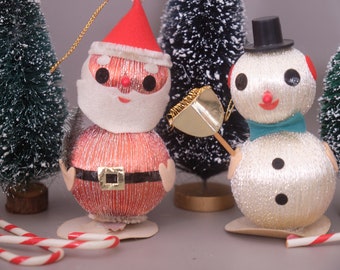 Vintage 50s Satin Styrofoam Santa Claus and Snowmen Christmas Figurines. Made in Japan