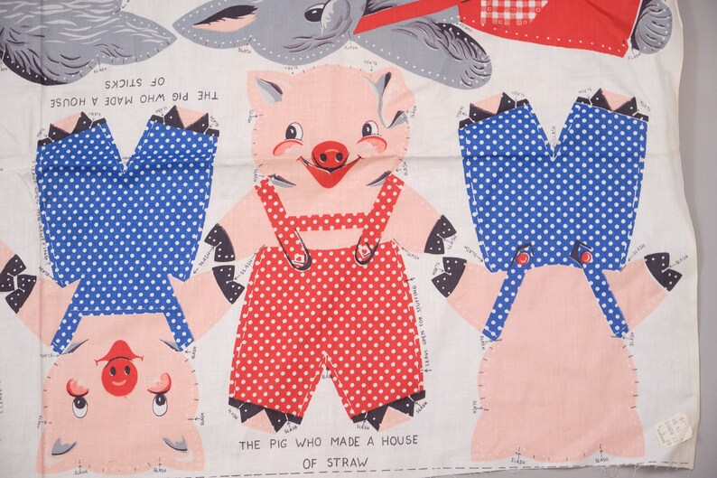 Vintage 60s The Three Little Pigs & Wolf Uncut Cut N Sew Fabric Panel Toy Pillow image 2