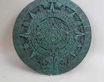 Vintage Zarebski Aztec Mayan Calendar Wall Plaque -11 inch - Green Crushed Malachite -  MCM Wall Art.