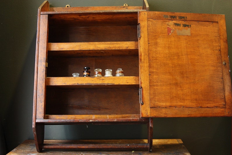 Antique Oak Medicine with Towel Bar Etsy