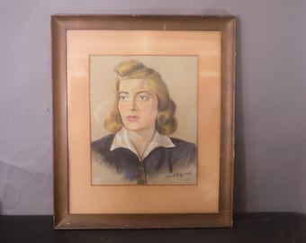 Vintage 1940s Pastel Portrait Painting of a Woman  23" x 27"  Signed and Framed