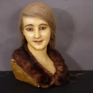 Antique French Wax Mannequin Head with Human Hair & Glass Eyes - Store Display, Early 20th Century, 16&quot; Tall