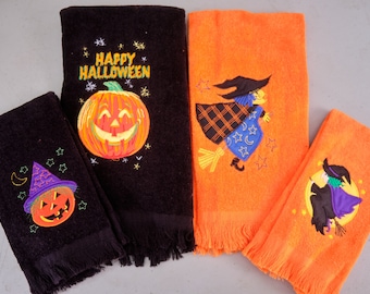 Vintage Halloween Towels (Lot of 4) Orange & Black Jack O' Lanterns, Flying Witch