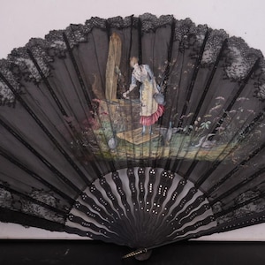 Antique Victorian Hand-Painted Black Silk & Lace Hand Fan w/ Mother of Pearl Inlay