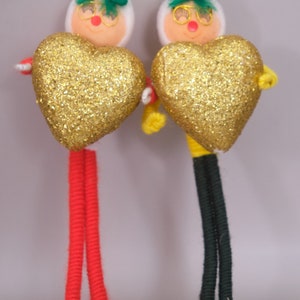 Vintage Chenille Pipe Cleaner Christmas Ornaments Glitter Heart Japan 7 image 2