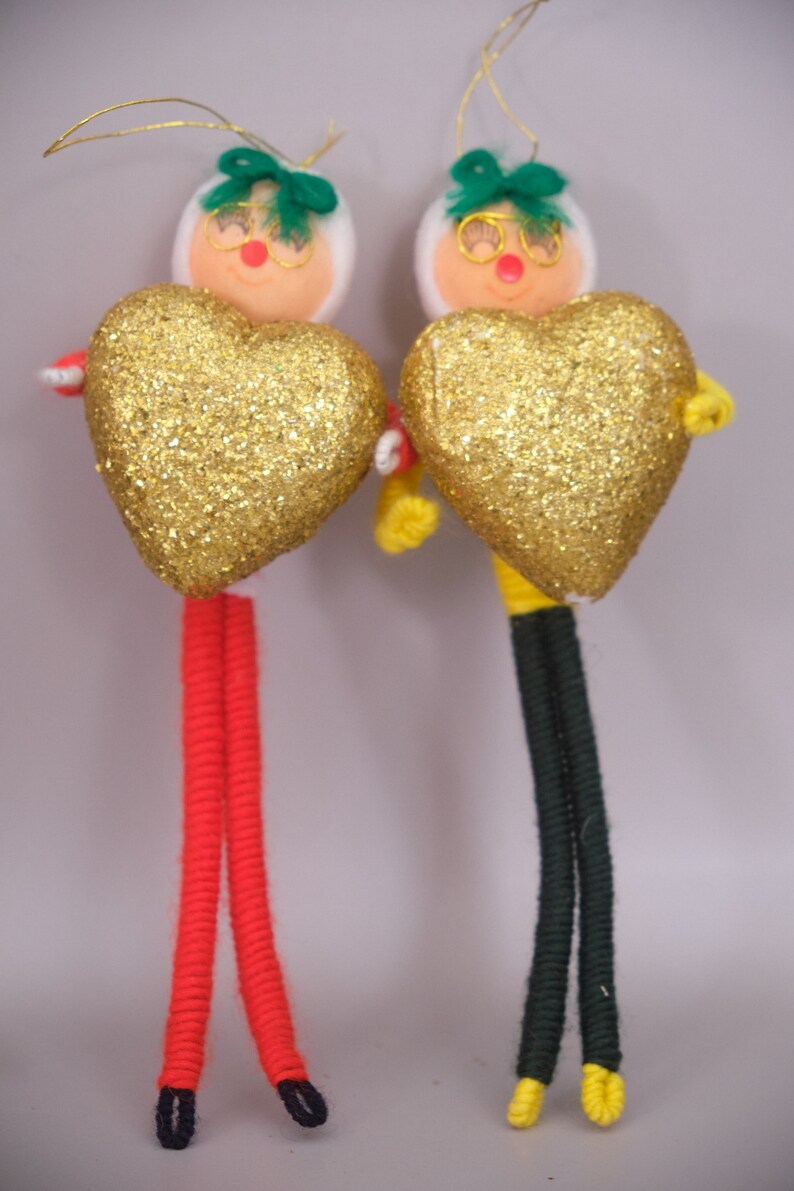Vintage Chenille Pipe Cleaner Christmas Ornaments Glitter Heart Japan 7 image 2