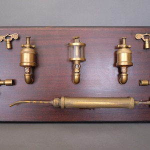 Antique Steam Engine Oilers & Valves Display Board  | Industrial Art Wall Hanging