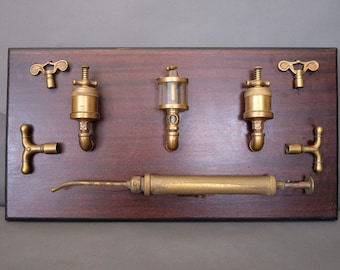 Antique Steam Engine Oilers & Valves Display Board  | Industrial Art Wall Hanging