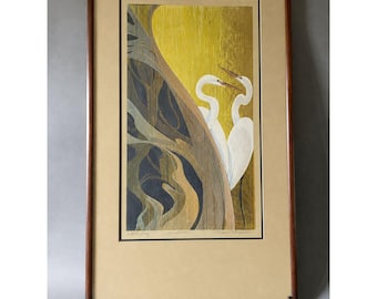 Vintage Egret Woodblock "Sunshower" Signed Artist Proof by Marci McDonald, Framed Print, Original Signed Nature Artwork