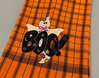 Vintage Halloween Tea Towel Boo! Ghost Orange Black Plaid