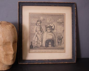 Antique 1772 Satirical Print "The Shaver and The Shavee" by James Bretherton – Framed Barber Shop Art