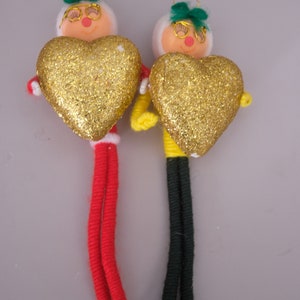 Vintage Chenille Pipe Cleaner Christmas Ornaments Glitter Heart Japan 7 image 4