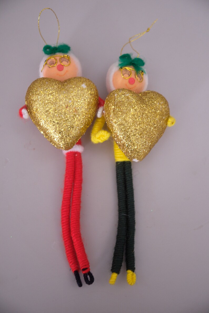 Vintage Chenille Pipe Cleaner Christmas Ornaments Glitter Heart Japan 7 image 4