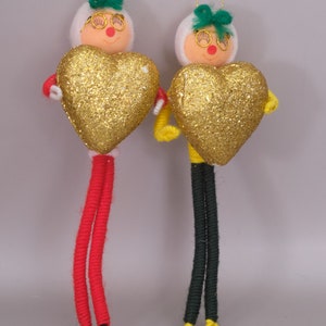 Vintage Chenille Pipe Cleaner Christmas Ornaments Glitter Heart Japan 7 image 5