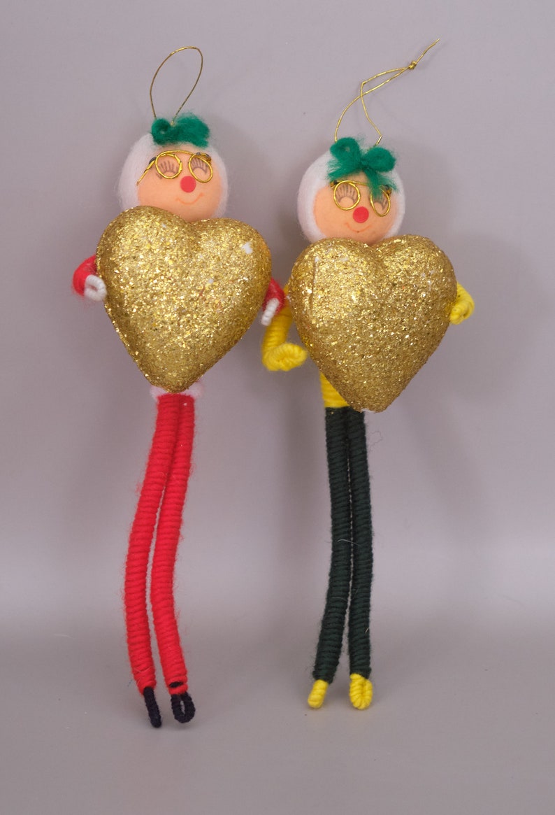Vintage Chenille Pipe Cleaner Christmas Ornaments Glitter Heart Japan 7 image 5