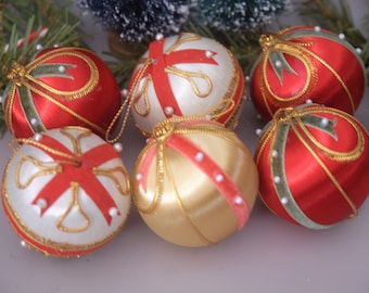 Vintage 60s Satin Velvet Beaded Christmas Tree Balls Ornaments