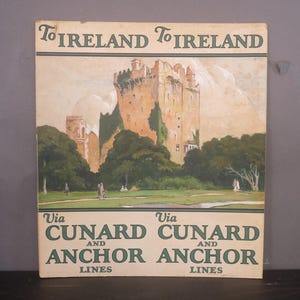 Póster de viaje antiguo pintado a mano de la década de 1920 / Líneas de anclaje de Cunard Irlanda / Castillo de Blarney / Arte publicitario turístico