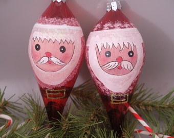 Vintage Hand Painted Mica Santa Claus Glass Teardrop Christmas Ornaments