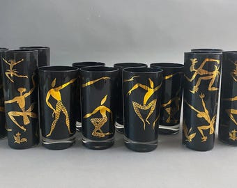 Vintage Federal Black Gold Tribal Dancer Glasses - Complete Set of 12 - MCM Tiki Barware - Highball Rocks - Josephine Baker Inspired