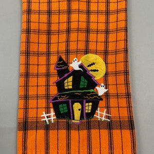 Vintage 80s Halloween Tea Towel Haunted House Ghosts image 1