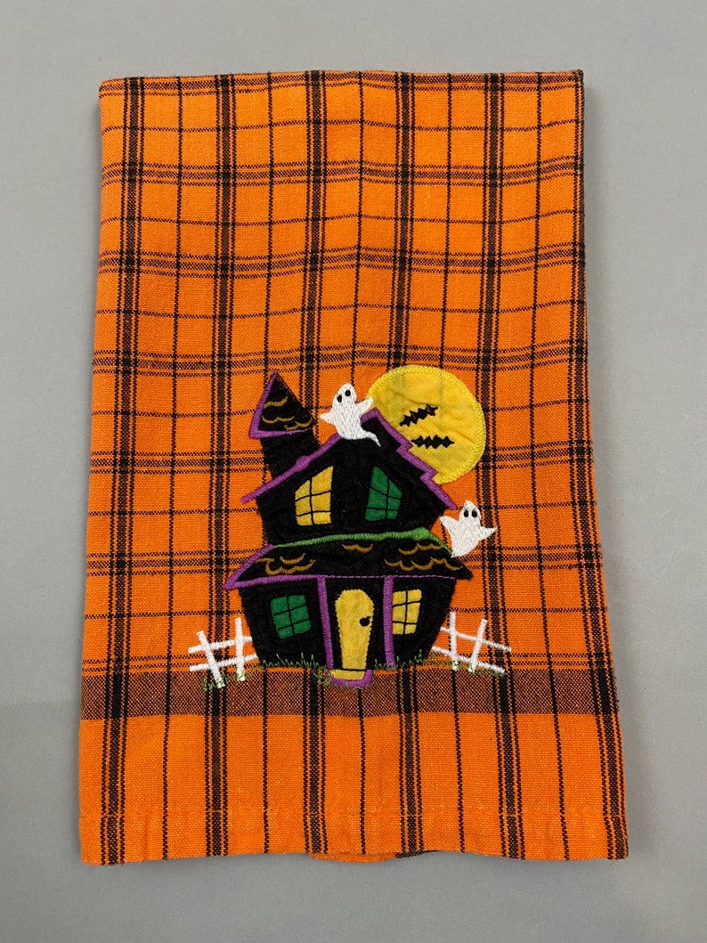 Vintage 80s Halloween Tea Towel Haunted House Ghosts image 1