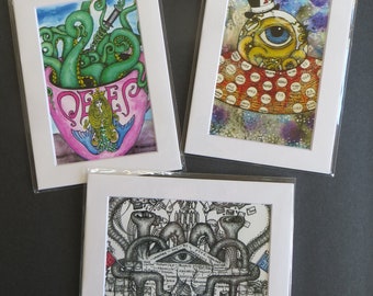 Matted Art Print Set of 3 by Kelly Green: Whimsical Conspiracy, AI Blockchain Octopus, Mr Global, Bi-Partisan Blackmail Machine